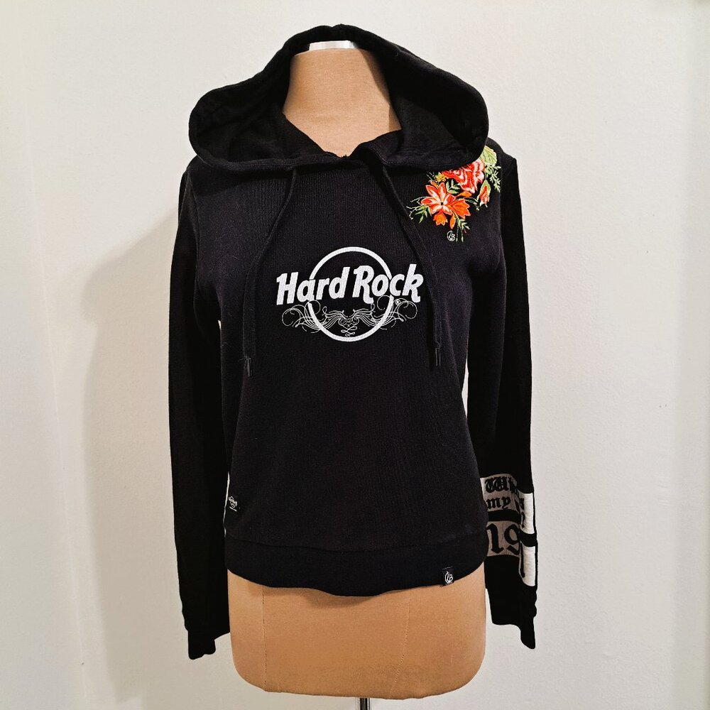 Hard Rock Women Hood Sweatshirt Black Color Multicolor Embroidered Size S